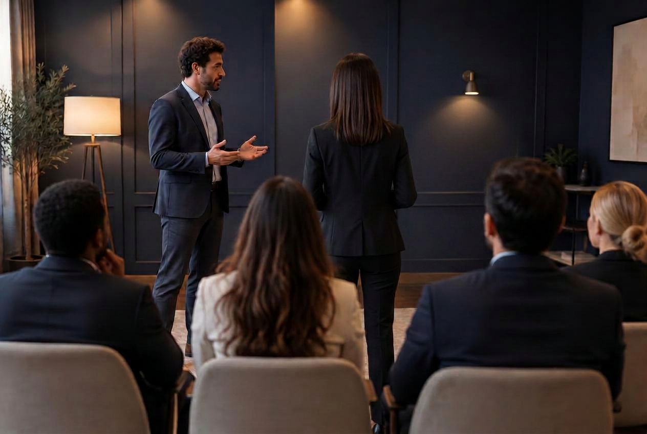 Rae-Ann, seen from behind, guiding a sales role-play while the team watches